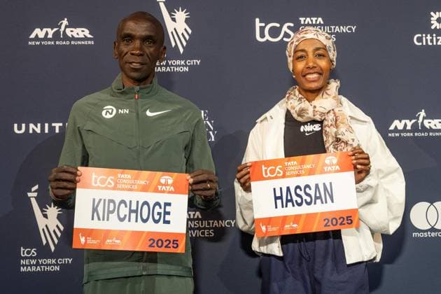 October 31, 2025, Bronx, New York, USA: Eliud Kipchoge and Sifan Hassan attend media availability ahead of 2025 TCS New York marathon at media center in Central Park of New York, NY on October 31, 2025. Bronx USA - ZUMAr339 20251031_znp_r339_018 Copyright: xLevxRadinx
