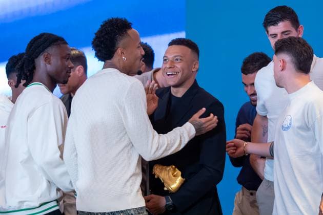 Real Madrid CF™s Kylian Mbappe (c) with his teammates during the ceremony of the Golden Boot 2024-25. October 31, 2025. (20251031344)