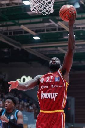 In the picture Eddy Edigin Wuerzburg Baskets, 27 31 10 2025, Basketball, Fitness First Wuerzburg Baskets vs Science City Jena, easyCredit BBL, Matchday 6, Germany, Wuerzburg, tectake Arena, Copyright: HMBxMedia xJulienxBecker