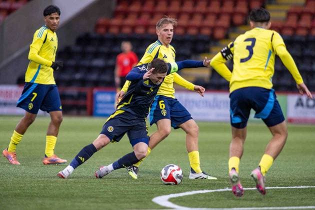 Scotland v Sweden U17, U 17 European Championships 31 10 2025. Group 3 Oliver Goodbrand of Scotland national team, Nationalteam goes down following the challenge from Oliver Mansson of Sweden during the UEFA U17 s Euro Championship. Scotland vs Sweden, Albert Bartlett Stadium, Airdrie, Scotland Airdrie Albert Bartlett Stadium North Lanarkshire Scotland Editorial use only , Copyright: xColinxPoultneyx PSI-23146-0036