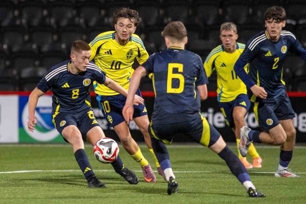 Scotland v Sweden U17, U 17 European Championships 31 10 2025. Group 3 Stanley Wilson of Scotland national team, Nationalteam under pressure from Alexander Odefalk of Sweden during the UEFA U17 s Euro Championship. Scotland vs Sweden, Albert Bartlett Stadium, Airdrie, Scotland Airdrie Albert Bartlett Stadium North Lanarkshire Scotland Editorial use only , Copyright: xColinxPoultneyx PSI-23146-0111
