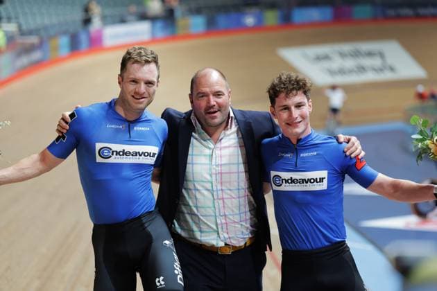 2025 London 3 Day Picture by Alex Whitehead SWpix.com - 31 10 2025 - Track cycling, Rad, Radsport, Bahnrad, Bahn - 2025 London 3 Day - Lee Valley VeloPark, London, England - Men™s Madison - Yoeri Havik & Philip Heijnen of The Netherlands celebrate London Cycling England Copyright: x xSWpix.comx(t axPhotographyxHubxLtd)xAlexxWhitehead SWpix.comx SWP-3152-0064