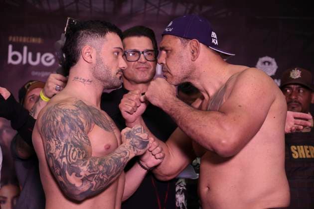 Official face-off of the athletes at the Fight Music Show in Sao Paulo. Sao Paulo (SP), 10 31 2025 - Face-off Fight Music Show - Athletes Minotouro and Rey Physique during the official weigh-in and face-off for the Fight Music Show, the largest influencer fighting event in Latin America. The event takes place at the Municipal Market in the central region of the city of Sao Paulo, this Friday, October 31, 2025. (Foto: Leco Viana Thenews2 imago images) SPO  Copyright: xLecoxVianax