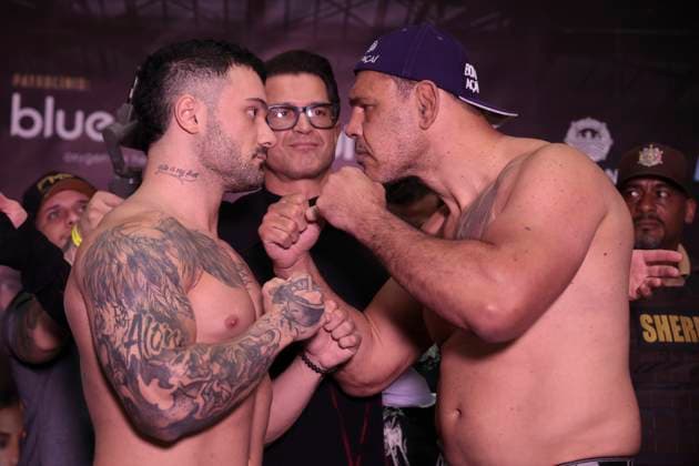 Official face-off of the athletes at the Fight Music Show in Sao Paulo. Sao Paulo (SP), 10 31 2025 - Face-off Fight Music Show - Athletes Minotouro and Rey Physique during the official weigh-in and face-off for the Fight Music Show, the largest influencer fighting event in Latin America. The event takes place at the Municipal Market in the central region of the city of Sao Paulo, this Friday, October 31, 2025. (Foto: Leco Viana Thenews2 imago images) SPO  Copyright: xLecoxVianax