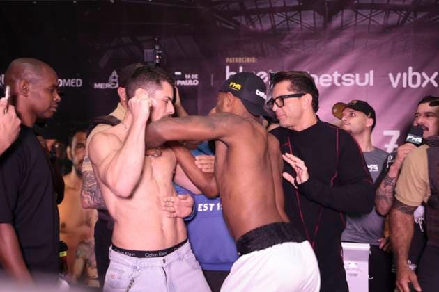 Official face-off of the athletes at the Fight Music Show in Sao Paulo. Sao Paulo (SP), 10 31 2025 - Face-off Fight Music Show - Athletes Davi Britoo and Sacha Bali during the official weigh-in and face-off for the Fight Music Show, the largest influencer fighting event in Latin America. The event takes place at the Municipal Market in the central region of the city of Sao Paulo, this Friday, October 31, 2025. (Foto: Leco Viana Thenews2 imago images) SPO  Copyright: xLecoxVianax