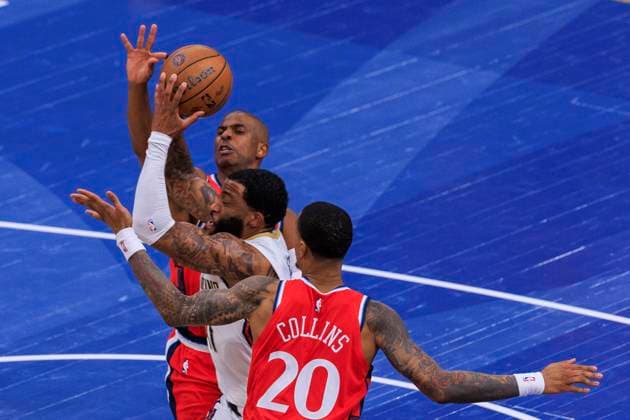 October 31, 2025, Inglewood, California, USA: Chris Paul 3 and John Collins 20 of the Los Angeles Clippers try to block a shot by Saddiq Bey 41 during the 2025-26 Emirates Cup game against the New Orleans Pelicans on Friday October 31, 2025 at Intuit Dome Arena in Inglewood, California. Clippers defeat Pelicans, 126-124. JAVIER ROJAS PI Inglewood USA - ZUMAp124 20251031_zaa_p124_010 Copyright: xJavierxRojasx