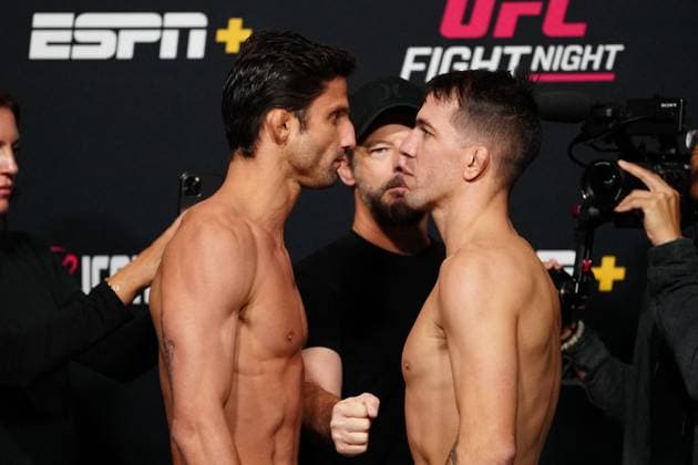 UFC Fight Night - Garcia vs Onama: Official Weigh-In LAS VEGAS, NV - OCT 31: Allan Nascimento and Cody Durden face-off following the official weigh-ins at UFC Apex for UFC Fight Night - Garcia vs Onama on October 31, 2025 in Las Vegas, NV, United States. (Photo by Louis Grasse PxImages) Las Vegas, NV LAS VEGAS, NV United States  Copyright: xPXxImages ABACAx
