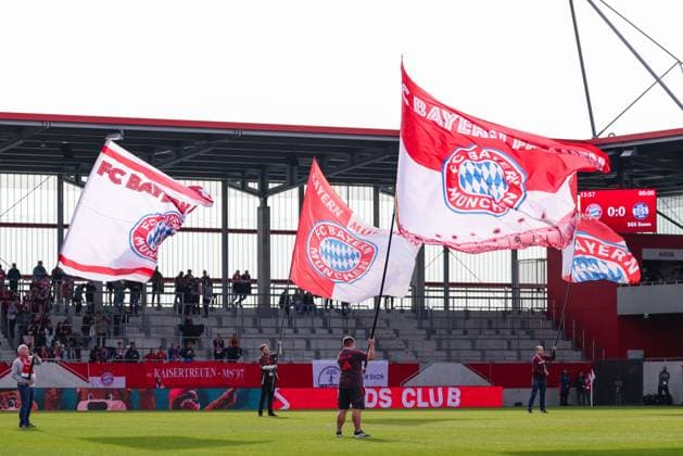 Flags while the teams run in during the match between FC Bayern Munich v SGS Essen, Football, Women, Google Pixel Women Bundesliga, 2025 2026, 8 Matchday on 01 11 2025 in Munich, FC Bayern Campus DFL and DFB regulations prohibit any use of photographs as image sequences and or quasi video Bayern Germany