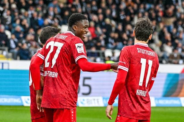 GER, 3 Liga, SSV Ulm 1846 vs VfB Stuttgart II 01 11 2025, Donaustadion, Ulm, GER, 3 Liga, SSV Ulm 1846 vs VfB Stuttgart II, in the picture Nicolas Sessa Stuttgart, 10 , Mansour Ouro Tagha Stuttgart, 27 and Efe Korkut Martin Stuttgart, 11 are happy after scoring the goal to 1 3 nordphotoxGmbHx xHafner nph00200