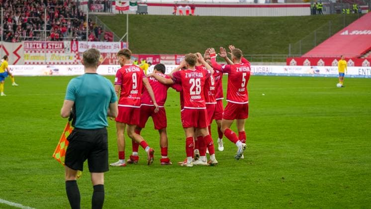 Soccer, Men, Season 2025 2026, Regionalliga Nordost, Matchday 14, FSV Zwickau vs FSV 63 Luckenwalde, Saturday 01 11 2025, GGZ Arena Zwickau, In the picture cheering at FSV zwickau after the goal to 3 0 Saxony Germany