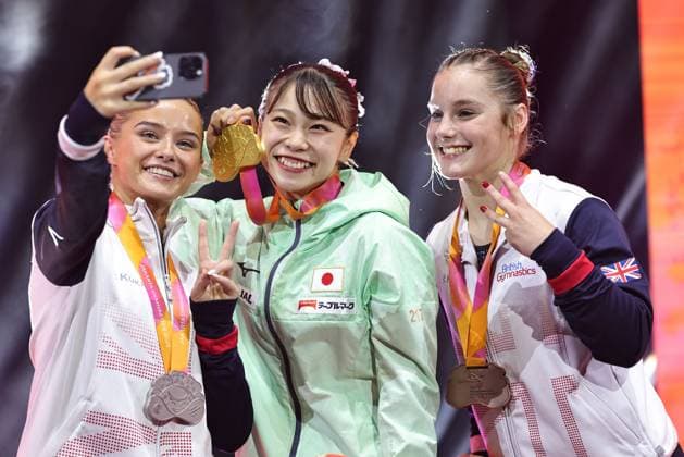 Winners: Ruby Evans GBR, Aiko Sugihara JPN, Abigail Martin GBR - after floor final at 2025 Worlds in Jakarta; 25 10 2025; *** Winners Ruby Evans GBR, Aiko Sugihara JPN, Abigail Martin GBR after floor final at 2025 Worlds in Jakarta 25 10 2025 