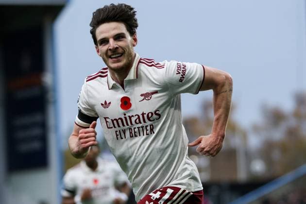 Declan Rice (41 Arsenal) celebrates his goal during the Premier League match between Burnley and Arsenal at Turf Moor in Burnley, England on November 1st 2025. Copyright: xSeanxChandlerx xSPPx Sportspressphoto_SPR54869