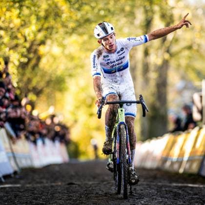 Belgian Thibau Nys celebrates as he crosses the finish line to win the men elite race of the Koppenbergcross, the first race (out of eight) of the X2O Badkamers trophy cyclocross competition, in Melden, Oudenaarde, on Saturday 01 November 2025. JASPERxJACOBS  x138627987x