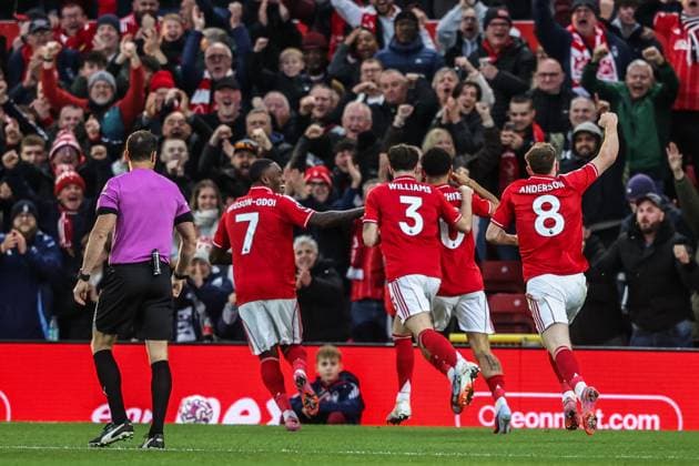 Premier League Nottingham Forest v Manchester United, ManU Morgan Gibbs-White of Nottingham Forest celebrates his goal to make it 1-1 during the Premier League match Nottingham Forest vs Manchester United at City Ground, Nottingham, United Kingdom, 1st November 2025 (Photo by Alfie Cosgrove News Images) Nottingham City Ground Nottinghamshire United Kingdom Copyright: xAlfiexCosgrove NewsxImagesx
