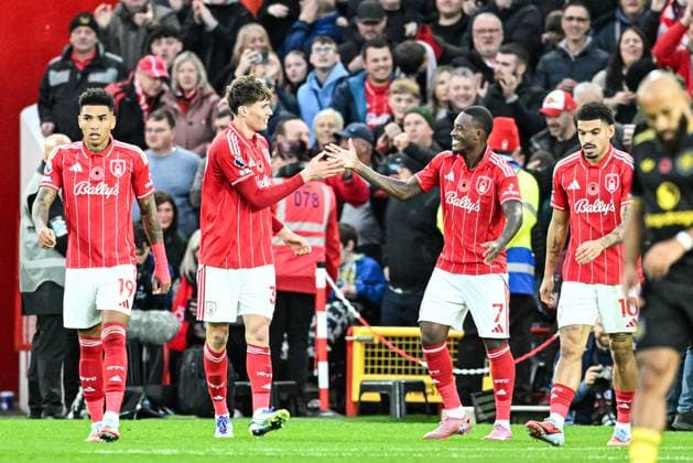 1st November 2025; The City Ground, Nottingham, England; Premier League Football, Nottingham Forest versus Manchester United, ManU Nicolo Savona of Nottingham Forest celebrates with Callum Hudson-Odoi after scoring in the 50th minute to make the score 2-1  GodfreyxPitt