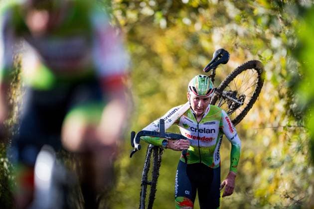 Belgian Emiel Verstrynge pictured in action during the men elite race of the Koppenbergcross, the first race (out of eight) of the X2O Badkamers trophy cyclocross competition, in Melden, Oudenaarde, on Saturday 01 November 2025. JASPERxJACOBS  x138630774x