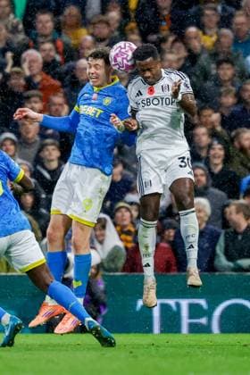 1st November 2025; Craven Cottage, Fulham, London, England; Premier League Football, Fulham versus Wolverhampton Wanderers; Fulham FC Defender Ryan Sessegnon and Wolverhampton Wanderers FC Forward Jorgen Strand Larsen go up for a header  BobxKupbens