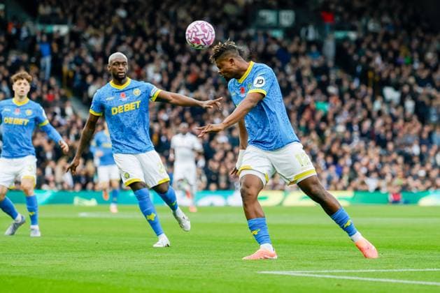1st November 2025; Craven Cottage, Fulham, London, England; Premier League Football, Fulham versus Wolverhampton Wanderers; Wolverhampton Wanderers FC Defender Emmanuel Agbadou clears the ball with a header  BobxKupbens