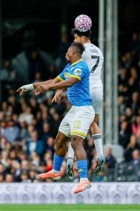1st November 2025; Craven Cottage, Fulham, London, England; Premier League Football, Fulham versus Wolverhampton Wanderers; Fulham FC Forward Raul Jimenez wins the header from Wolverhampton Wanderers FC Defender Emmanuel Agbadou  BobxKupbens