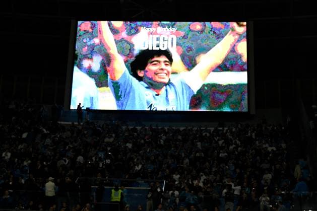 Diego Armando Maradona is displayed on the screen for his birthday during the Serie A 2025 2026 football match between SSC Napoli and Como 1907 at Diego Armando Maradona stadium in Naples (Italy), November 1, 2025. andreaxstaccioli