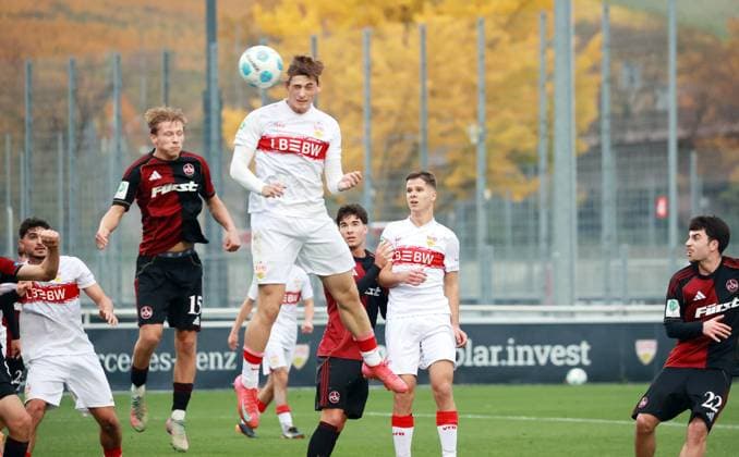 01 11 25 U19 VfB Stuttgart U19 1 FC Nürnberg Germany, Stuttgart, 01 11 2025, Football, U19 DFB Youth League, Season 2025 2026, U19 VfB Stuttgart U19 1 FC Nürnberg 2 2 Matheos Tsigkas VfB Stuttgart Goal 1 1 Tsigkas