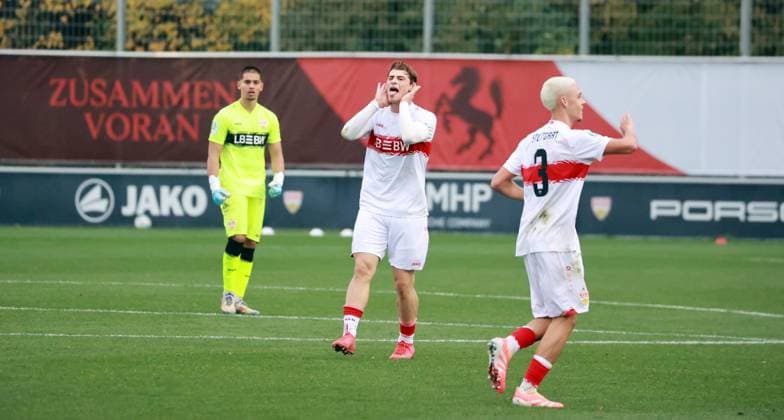 01 11 25 U19 VfB Stuttgart U19 1 FC Nürnberg Germany, Stuttgart, 01 11 2025, Football, U19 DFB Youth League, Season 2025 2026, U19 VfB Stuttgart U19 1 FC Nürnberg 2 2 Matheos Tsigkas VfB Stuttgart Jubel Tor 1 1 Tsigkas