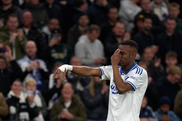 Youssoufa Moukoko of FC Copenhagen fights for the ball against xxx of FC Fredericia celebrates his goal during the Superliga match between FC Copenhagen and FC Fredericia at Parken on November 1, 2025 in Copenhagen, Denmark (Photo by Camilla Stolen Imago) Copenhagen Denmark Copyright: xCamillaxStolenx L1079698