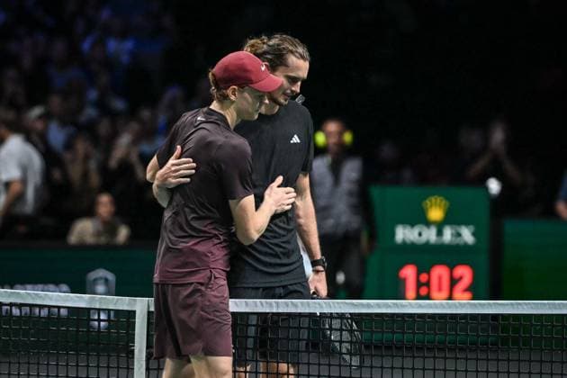 Jannik Sinner vs Alexander Zverev at Rolex Paris Masters 2025 in Paris FA Jannik Sinner cheers Alexander Zverev after their game during the Rolex Paris Masters 2025 semi finals at the Paris La Defense Arena in Paris, on November 1, 2025. Photo by Firas Abdullah ABACAPRESS.COM Paris Ile-de-France France  Copyright: xAbdullahxFiras ABACAx