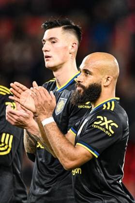 1st November 2025; The City Ground, Nottingham, England; Premier League Football, Nottingham Forest versus Manchester United, ManU Benjamin Sesko and Bryan Mbeumo of Manchester United applaud the travelling fans after the final whistle  GodfreyxPitt