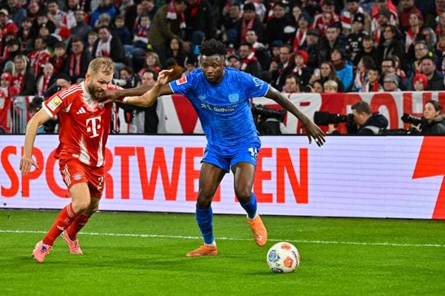 Bundesliga FC Bayern Munich Bayer 04 Leverkusen 01 11 2025 MUNICH, GERMANY 1 NOVEMBER in duel Konrad LAIMER FC Bayern Munich 27 and Edmond TAPSOBA Bayern Leverkusen 12 during the Bundesliga match between FC Bayern Munich and Bayer 04 Leverkusen on matchday 9 at Allianz Arena on November 1, 2025 in Munich, Germany DFL REGULATES PROHIBIT ANY USE OF PHOTOGRAPHS AS IMAGE SEQUENCES AND OR QUASI VIDEO Copyright: xBEAUTIFULxSPORTS Goldbergx