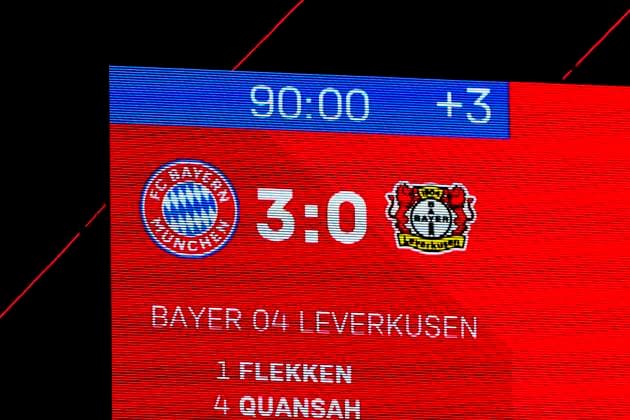 GER, DFB, FC Bayern Muenchen vs Bayer 04 Leverkusen 01 11 2025, Allianz Arena, Muenchen, GER, DFB, FC Bayern Muenchen vs Bayer 04 Leverkusen, in the picture final score on the scoreboard 3 0 nordphotoxGmbHx xStraubmeier nph00004