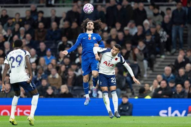 1st November 2025; Tottenham Hotspur Stadium, London, England; Premier League Football, Tottenham Hotspur versus Chelsea; Marc Cucurella of Chelsea wins an aerial battle with Pedro Porro of Tottenham Hotspur  IanxStephen