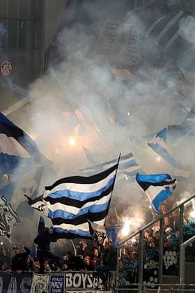 01 11 2025, xrekx, Soccer 2 Bundesliga, SV Darmstadt 98 Arminia Bielefeld v l Bielefeld Fans ,Atmosphere, Scarves, Shirt, Flag, Banner, Ultras, Spectators, Visitors, Choreo, Choreography, atmosphere, spectators, Visitors Pyro, Rockets DFL DFB REGULATIONS PROHIBIT ANY USE OF PHOTOGRAPHS as IMAGE SEQUENCES and or QUASI VIDEO Darmstadt