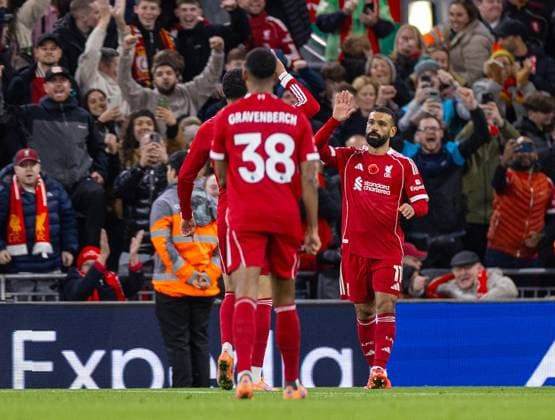 Football - FA Premier League - Liverpool FC v Aston Villa FC LIVERPOOL, ENGLAND - Saturday, November 1, 2025: Liverpool s Mohamed Salah celebrates after scoring the first goal during the FA Premier League match between Liverpool FC and Aston Villa FC at Anfield. (Photo by David Rawcliffe Propaganda) LIVERPOOL Anfield MERSEYSIDE ENGLAND  Copyright: xDavidxRawcliffex P2025-11-01-Liverpool_Aston_Villa-56