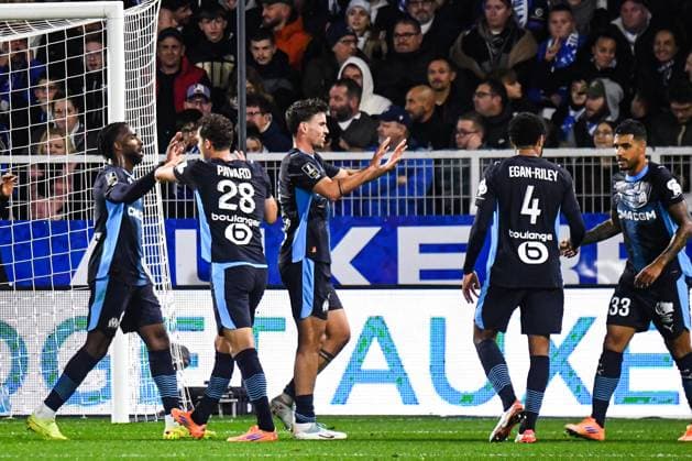 FOOTBALL : AJ Auxerre vs Olympique de Marseille - Ligue 1 - JournÃ e 11 - 01 11 2025 Joie des joueurs de l™OM aprÃ s le but de Angel Gomes (OM) RennesFrance  Copyright: xBaptistexAutissierx