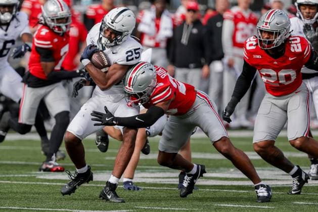 November 1, 2025, Columbus, Ohio, U.S: Ohio State Buckeyes safety Leroy Roker III (28) tackles Penn State Nittany Lions running back Quinton Martin (25) on a kick return during the game between the Penn State Nittany Lions and the Ohio State Buckeyes at Ohio Stadium, Columbus, Ohio. Columbus U.S - ZUMAs304 20251101_zaf_s304_036 Copyright: xScottxStuartx