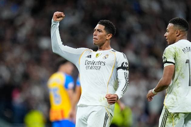 November 1, 2025, Madrid, Madrid, Spain: Jude Bellingham of Real Madrid CF celebrates a goal during the Spanish League, LaLiga EA Sports, football match played between Real Madrid C.F. and Valencia CF at Santiago Bernabeu stadium on November 1, 2025, in Madrid, Spain. Madrid Spain - ZUMAa181 20251101_zaa_a181_340 Copyright: xDennisxAgyemanx