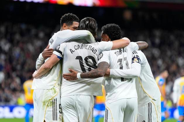 November 1, 2025, Madrid, Madrid, Spain: Alvaro Carreras of Real Madrid CF celebrates a goal during the Spanish League, LaLiga EA Sports, football match played between Real Madrid C.F. and Valencia CF at Santiago Bernabeu stadium on November 1, 2025, in Madrid, Spain. Madrid Spain - ZUMAa181 20251101_zaa_a181_415 Copyright: xOscarxJ.xBarrosox