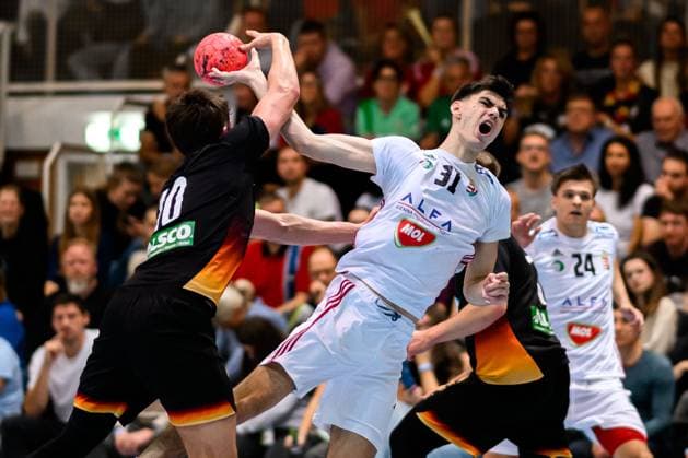 Erlangen handball national match U20 Germany Hungary from left in duel Rasmus Ankermann Germany and Mate Fazekas Hungary Erlangen Karl Heinz Hirsemann Halle Bayern Germany