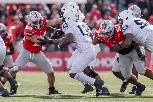 November 1, 2025, Columbus, Ohio, U.S: Penn State Nittany Lions running back Kaytron Allen (13) runs into traffic from Ohio State Buckeyes linebacker Payton Pierce (26) and Ohio State Buckeyes defensive lineman Will Smith Jr. (53) during the game between the Penn State Nittany Lions and the Ohio State Buckeyes at Ohio Stadium, Columbus, Ohio. Columbus U.S - ZUMAs304 20251101_zaf_s304_031 Copyright: xScottxStuartx