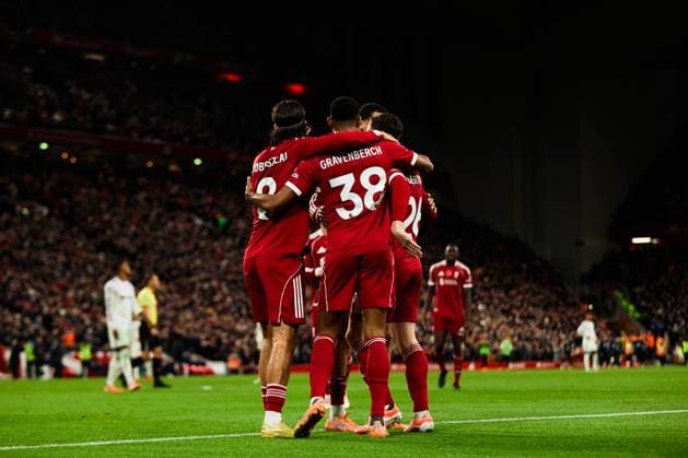 LIVERPOOL, ENGLAND - NOVEMBER 01: Ryan Gravenberch of Liverpool celebrates after scoring the team s second goal during the Premier League match between Liverpool and Aston Villa at Anfield on November 01, 2025 in Liverpool, England. (Photo by Koby Abbott Sports Press Photo) Copyright: xKobyxAbbott SportsxPressxPhotox Sportspressphoto_SPR55553