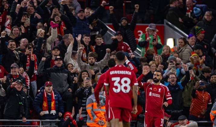 (251102) -- LIVERPOOL, Nov. 2, 2025 -- Liverpool s Mohamed Salah (R) celebrates after scoring the first goal during the English Premier League match between Liverpool FC and Aston Villa FC in Liverpool, Britain, on Nov. 1, 2025. FOR EDITORIAL USE ONLY. NOT FOR SALE FOR MARKETING OR ADVERTISING CAMPAIGNS. NO USE WITH UNAUTHORIZED AUDIO, VIDEO, DATA, FIXTURE LISTS, CLUB LEAGUE LOGOS OR LIVE SERVICES. ONLINE IN-MATCH USE LIMITED TO 45 IMAGES, NO VIDEO EMULATION. NO USE IN BETTING, GAMES OR SINGLE CLUB LEAGUE PLAYER PUBLICATIONS. (SP)BRITAIN-LIVERPOOL-FOOTBALL-PREMIER LEAGUE-LIVERPOOL VS ASTON VILLA (Xinhua)