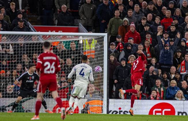 (251102) -- LIVERPOOL, Nov. 2, 2025 -- Liverpool s Hugo Ekitike (1st R) score a goal, which is later disallowed after a VAR check, during the English Premier League match between Liverpool FC and Aston Villa FC in Liverpool, Britain, on Nov. 1, 2025. FOR EDITORIAL USE ONLY. NOT FOR SALE FOR MARKETING OR ADVERTISING CAMPAIGNS. NO USE WITH UNAUTHORIZED AUDIO, VIDEO, DATA, FIXTURE LISTS, CLUB LEAGUE LOGOS OR LIVE SERVICES. ONLINE IN-MATCH USE LIMITED TO 45 IMAGES, NO VIDEO EMULATION. NO USE IN BETTING, GAMES OR SINGLE CLUB LEAGUE PLAYER PUBLICATIONS. (SP)BRITAIN-LIVERPOOL-FOOTBALL-PREMIER LEAGUE-LIVERPOOL VS ASTON VILLA (Xinhua)