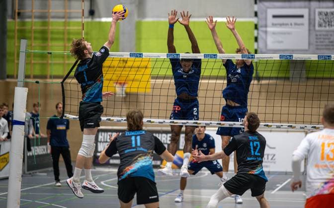Volleyball, Season 2025 2026, 2 Bundesliga Nord, 01 11 2025, 06 Matchday, Men, TuB Bocholt blue vs Muenster Volleys black v l Nikolai Heldahl Muenster Volleys , Aaron Zumdick Muenster Volleys, 11 , Rudy Schneider TuB Bocholt , Tom Doerpinghaus TuB Bocholt , Tim Wahl Muenster Volleys , Bocholt Sporthalle West Nordrhein Westfalen Germany 251101_vb_tub-bocholt_muenster-volleys_45654
