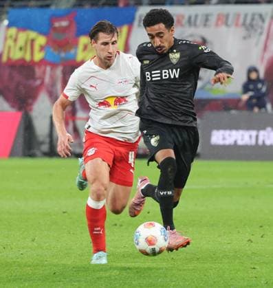 Leipzig ,, Football Bundesliga Season 2025 2026 , RB Leipzig vs VfB Stuttgart , from left Willi Orban RB Tiago Tomas VfB According to the regulations of the DFL German Football League, it is prohibited to use or have used photographs taken in the stadium and or of the match in the form of sequential images and or video-like photo series