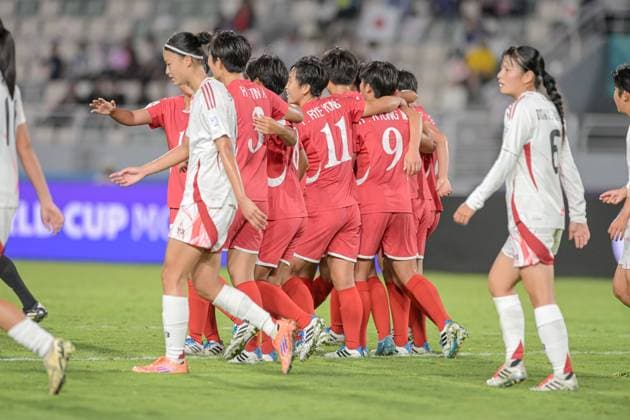 Korea DPR U17, U 17 v Japan U17 - FIFA U17 Women s World Cup Morocco 2025: Quarter-Final A player from Korea DPR celebrates the 3-1 goal during the FIFA U17 Women s World Cup Morocco 2025 quarter-final match between Korea DPR and Japan in Rabat, Morocco, on November 1, 2025, at the Olympic Stadium. Rabat Morocco  Copyright: xAndreaxxAmatox originalFilename:amato-notitle251101_npDgJ.jpg