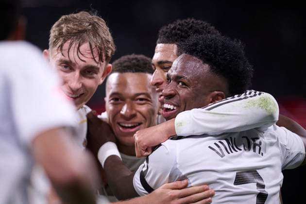 Kylian Mbappe At Real Madrid Cf V Valencia CF- Madrid Real Madrid CF’s Dean Huijsen, Kylian Mbappe, Jude Bellingham and Vinicius Junior celebrate goal during La Liga match between Real Madrid CF and Valencia CF at Santiago Bernabeu Stadium in Madrid, Spain on November 1, 2025. Round 11 of the 2025 2026 season. Photo by Jorge Ropero ALTERPHOTOS ABACAPRESS.COM Madrid Spain  Copyright: xAlterPhotos ABACAx