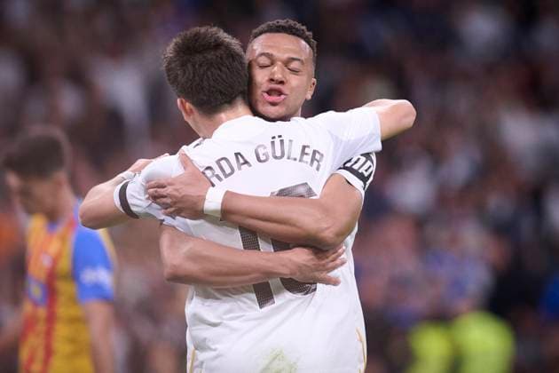 Kylian Mbappe At Real Madrid Cf V Valencia CF- Madrid Real Madrid CF’s Kylian Mbappe (r) and Arda Guler celebrate goal during La Liga match between Real Madrid CF and Valencia CF at Santiago Bernabeu Stadium in Madrid, Spain on November 1, 2025. Round 11 of the 2025 2026 season. Photo by Jorge Ropero ALTERPHOTOS ABACAPRESS.COM Madrid Spain  Copyright: xAlterPhotos ABACAx
