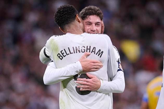 Kylian Mbappe At Real Madrid Cf V Valencia CF- Madrid Real Madrid CF’s Jude Bellingham (l) and Fede Valverde celebrate goal during La Liga match between Real Madrid CF and Valencia CF at Santiago Bernabeu Stadium in Madrid, Spain on November 1, 2025. Round 11 of the 2025 2026 season. Photo by Jorge Ropero ALTERPHOTOS ABACAPRESS.COM Madrid Spain  Copyright: xAlterPhotos ABACAx