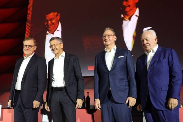 from l Chairman of the Board Jan Christian Dreesen, President Herbert Hainer, Board member Dieter Mayer and Board member Walter Mennekes, Football Annual General Meeting 2025 of FC Bayern München eV 02 11 2025 BMW Park PHOTO Mladen Lackovic LakoPress